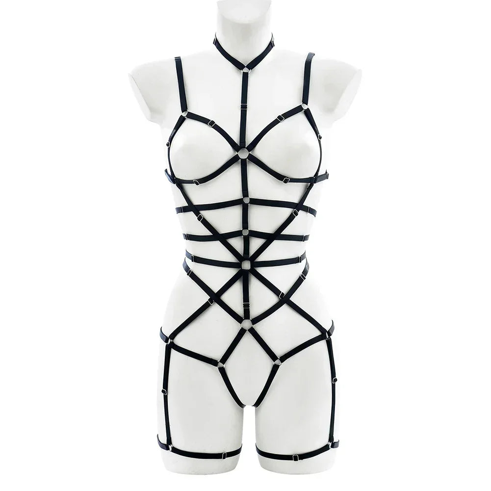 Close-up of Strap to the Max Harness Set in black, white, and red, one size fits 40–65 kg (88–143 lbs), cutebaddie flirty aesthetic