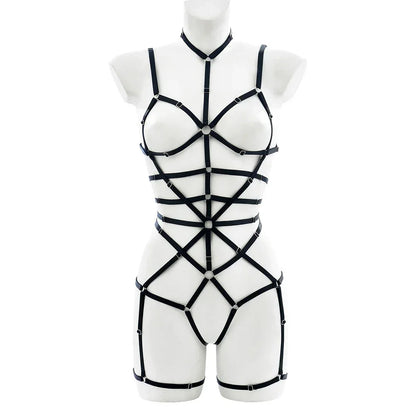 Close-up of Strap to the Max Harness Set in black, white, and red, one size fits 40–65 kg (88–143 lbs), cutebaddie flirty aesthetic