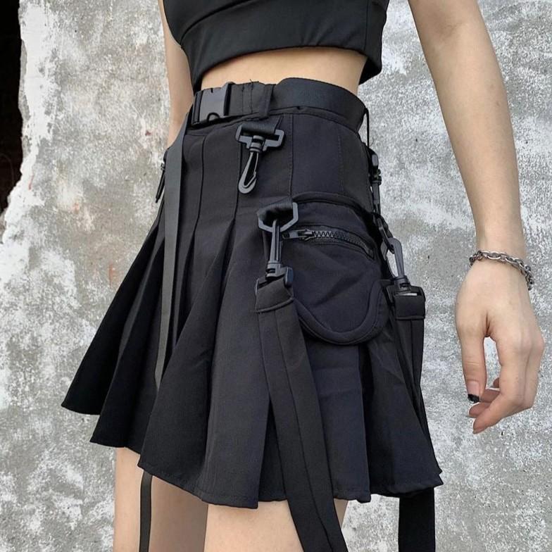 Blacklist Buckle Mini Skirt, grunge-inspired black skirt with functional pocket and hook accents
