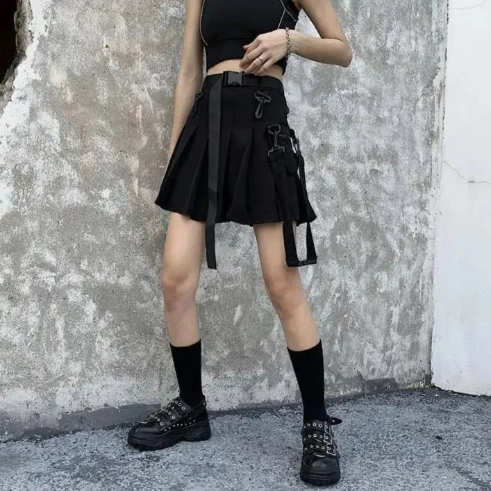 Blacklist Buckle Pocket Skirt, DDLG-friendly black mini skirt with punk buckle and side pocket