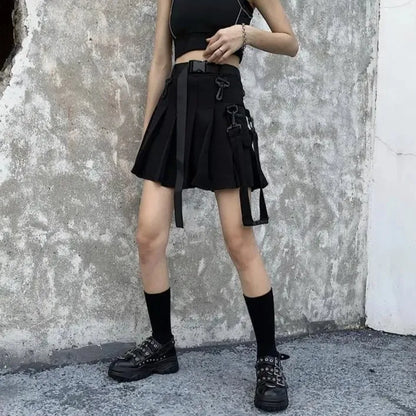 Blacklist Buckle Pocket Skirt, DDLG-friendly black mini skirt with punk buckle and side pocket