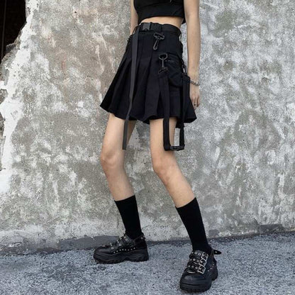 Blacklist Buckle Pocket Skirt, edgy kawaii alt skirt with punk buckle details and mini fit