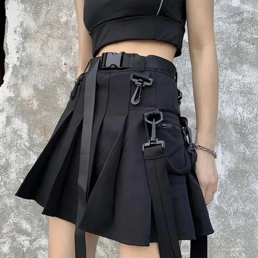 Blacklist Buckle Pocket Skirt, black punk mini skirt with buckle details for alt fashion
