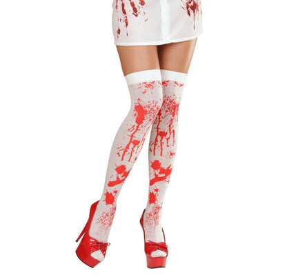 Model wearing Bloody Doll Halloween horror tights, DDLGirl gothic Halloween style