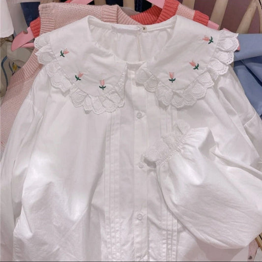 Blossom Kiss Curvy Lolita Top with floral embroidery and Peter Pan collar for kawaii curvy fashion