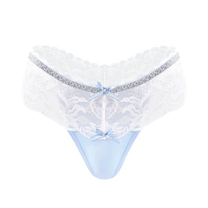 Blue coquette lace panties with flirty low-rise waist, playful soft girl lingerie in pastel kawaii vibes
