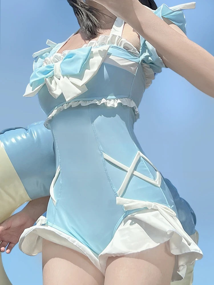 Blue halter-neck onesie featuring sweet bow and softcore kawaii vibes
