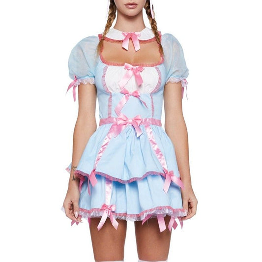 Blue mini dress with frilled hem, ribbons and playful princess vibes, cutecore DDLG ABDL outfit