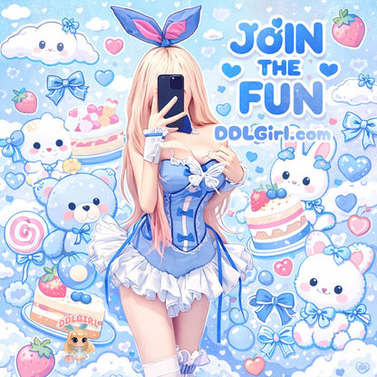 Blueberry Bunny cosplay bodysuit with ruffles, ribbons, and bunny ears, perfect for kawaii DDLG/ABDL soft girl vibes