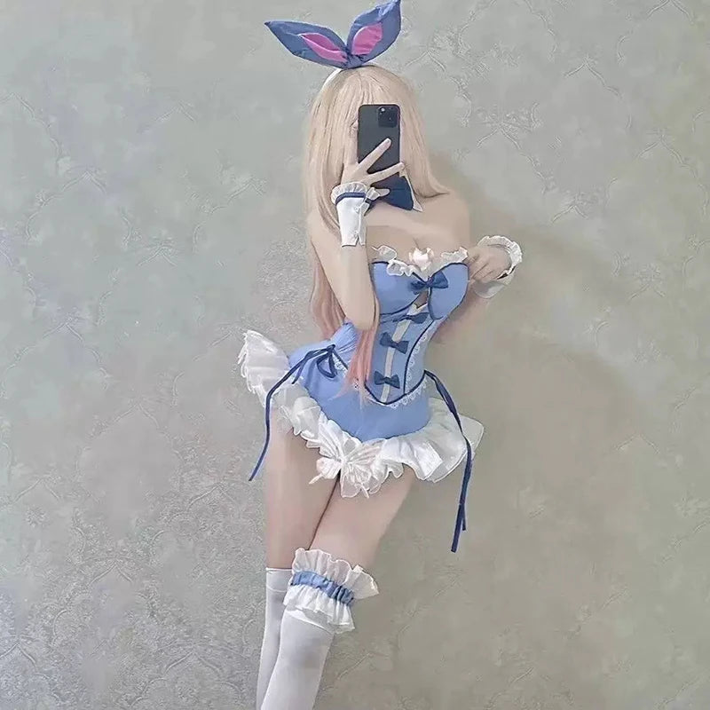 Lolita-inspired blueberry bunny cosplay bodysuit with ruffle details and ribbon accents for DDLG/ABDL girls