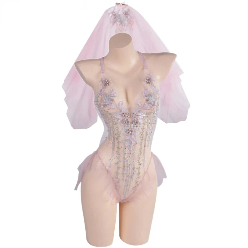 cutecore pastel babydoll bridal lingerie with veil and stockings, perfect for ddlg and abdl play