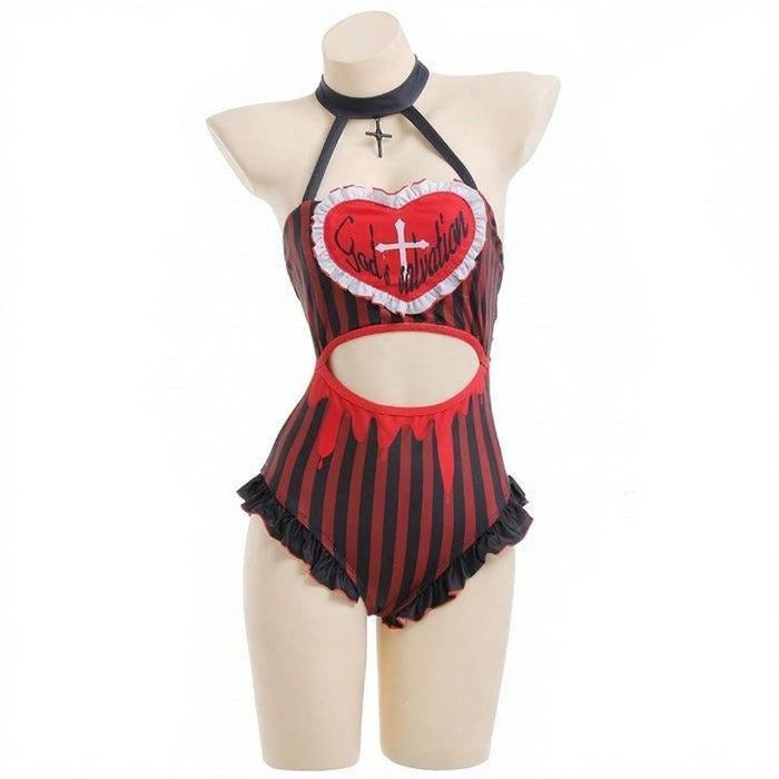 Bold and flirty Little Confession Bodysuit, red-black stripes with side frills and choker neckline for babygirl energy