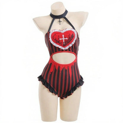 Bold and flirty Little Confession Bodysuit, red-black stripes with side frills and choker neckline for babygirl energy