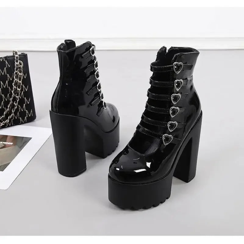 Bold platform Cupid Lock Heels with six heart-shaped buckles for edgy statement style