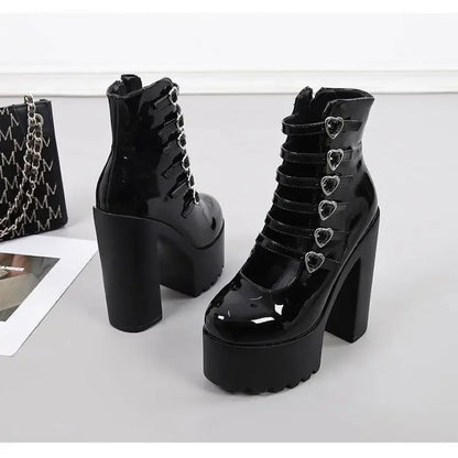 Bold platform Cupid Lock Heels with six heart-shaped buckles for edgy statement style