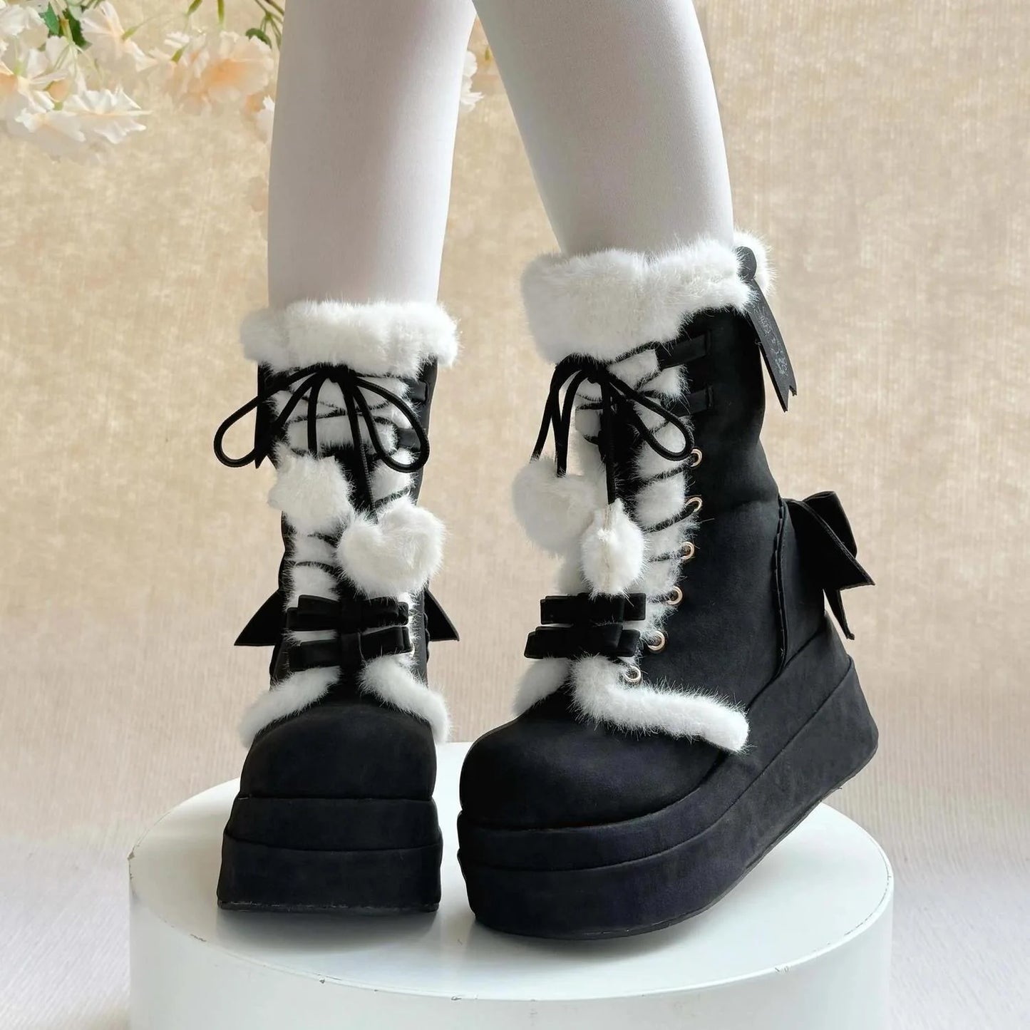 Bonbon Doll Heart Platform Boots in black, cozy kawaii footwear, soft girl/DDLG/ABDL approved