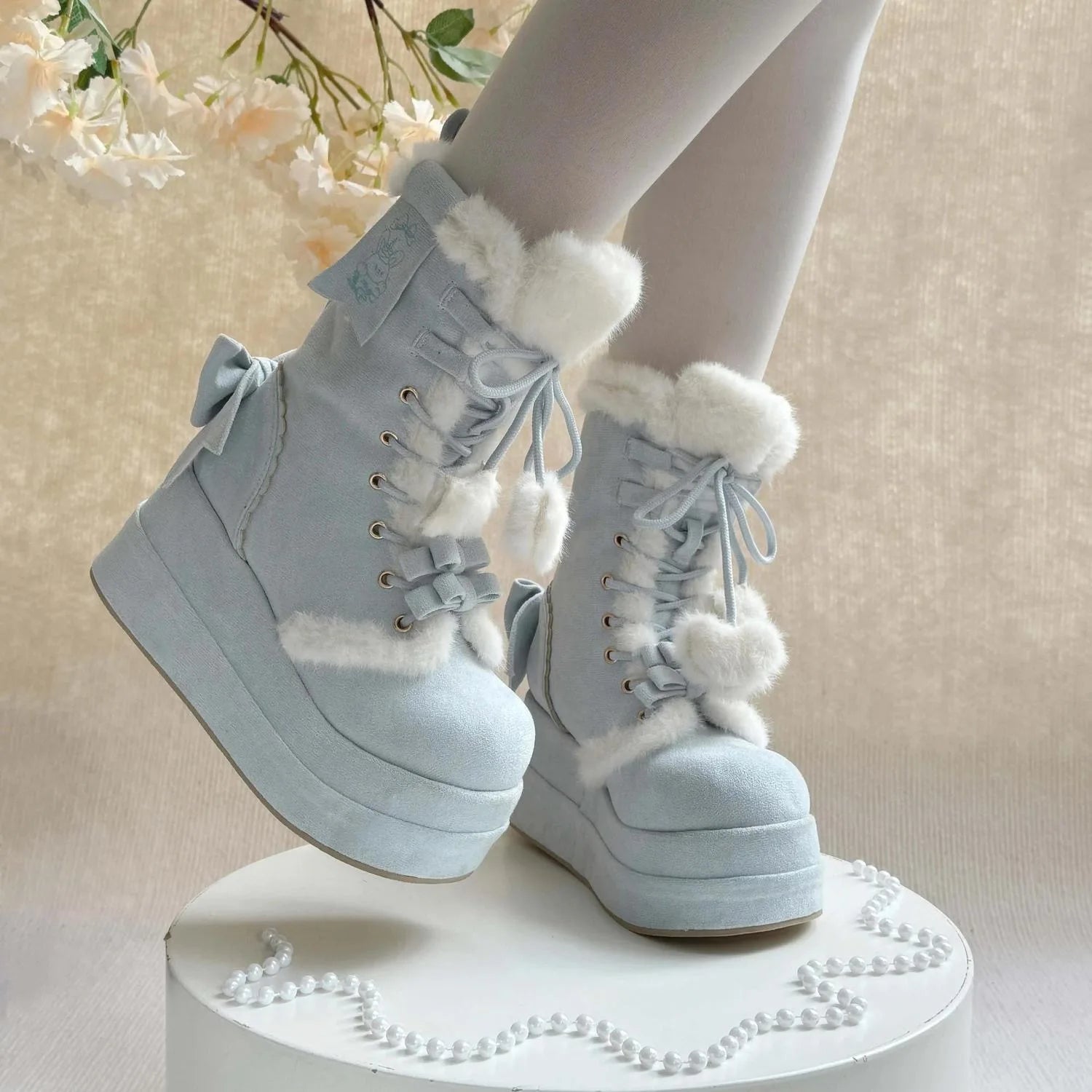 Bonbon Doll Heart Platform Boots in pastel blue, soft girl and cutecore aesthetic