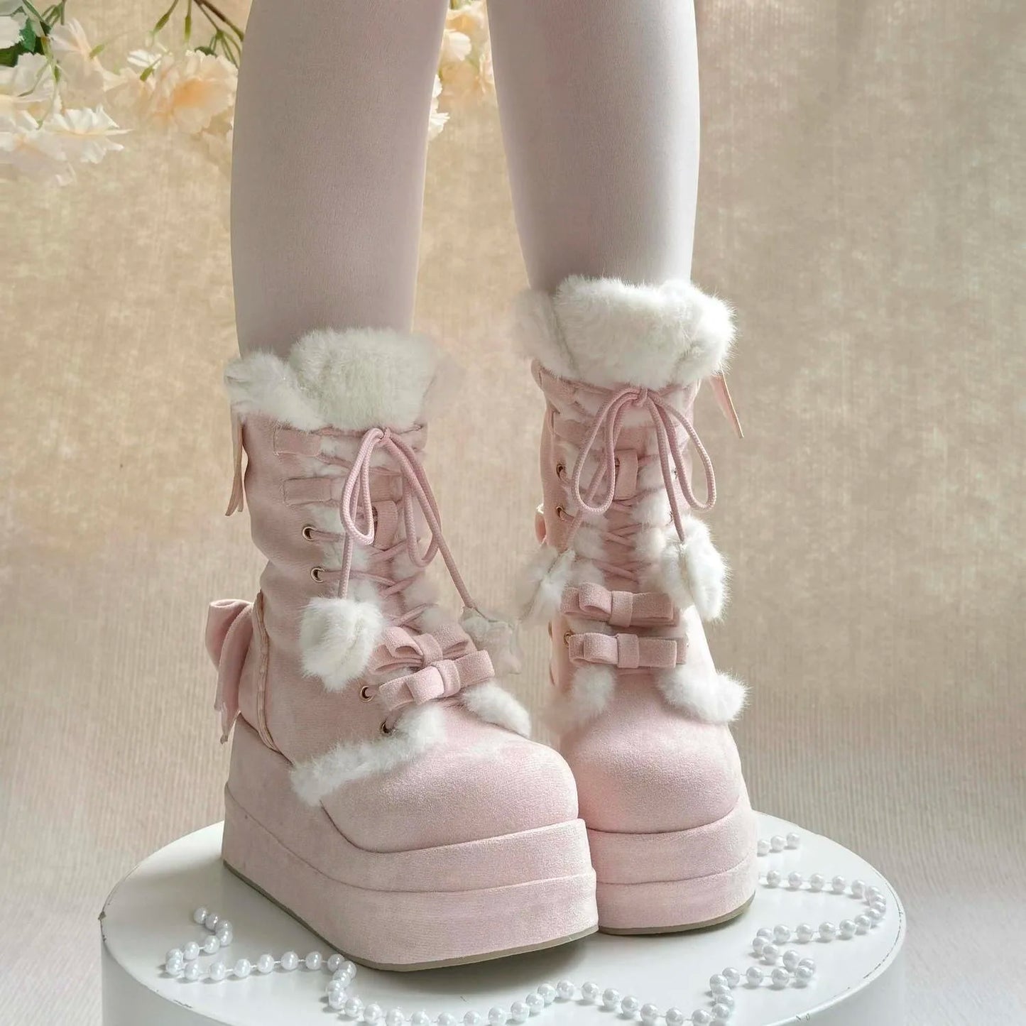 Cozy fuzzy Bonbon Doll Heart Platform Boots with ribbons and heart pom-poms, cutecore, pastel soft girl vibes