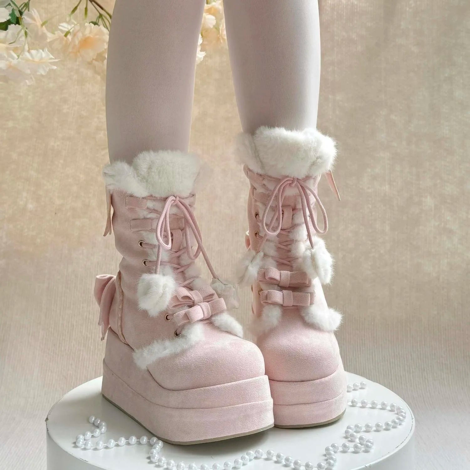 Cozy fuzzy Bonbon Doll Heart Platform Boots with ribbons and heart pom-poms, cutecore, pastel soft girl vibes