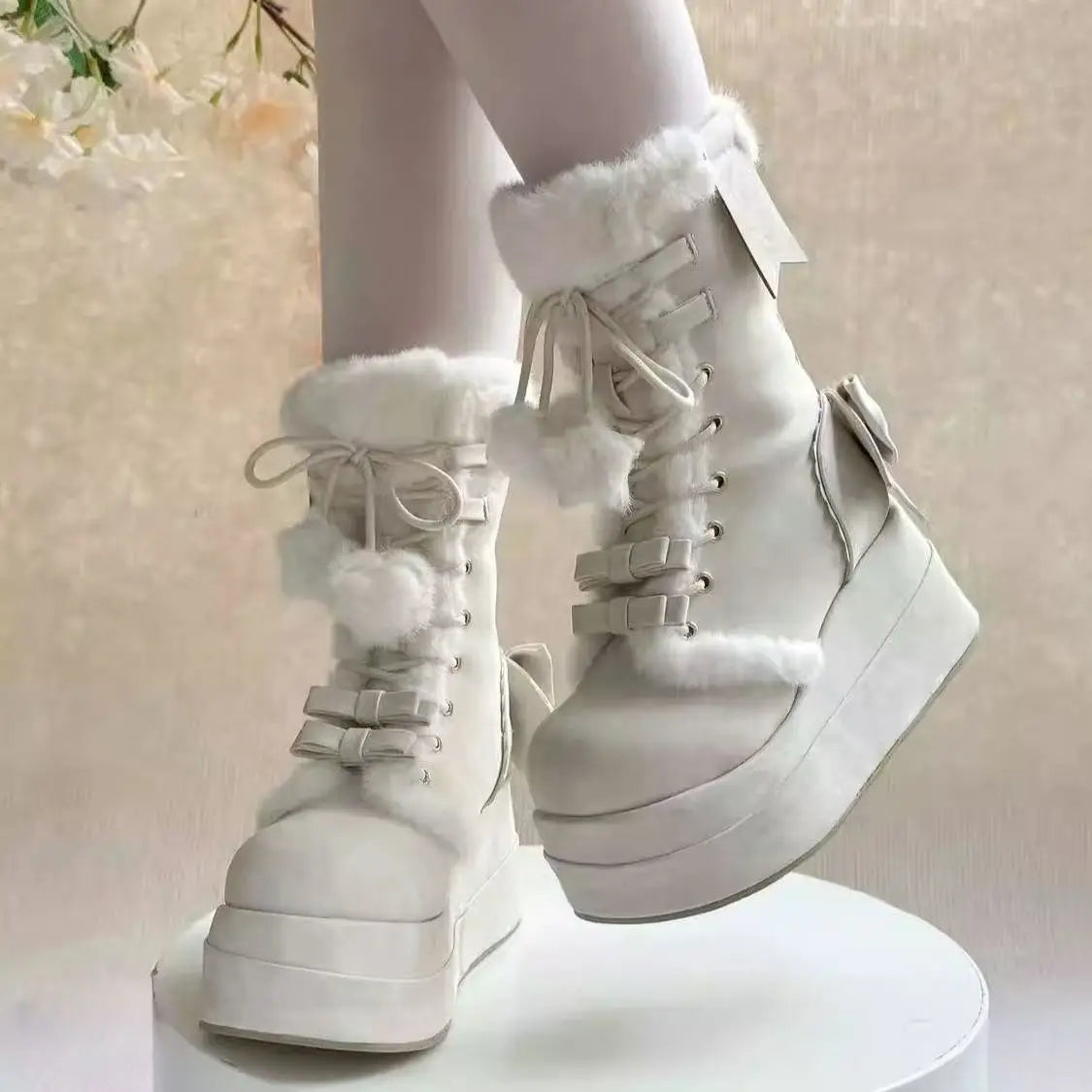 Lifestyle shot of Bonbon Doll Heart Platform Boots paired with cutecore/soft girl pastel outfit, kawaii/DDLG/ABDL aesthetic