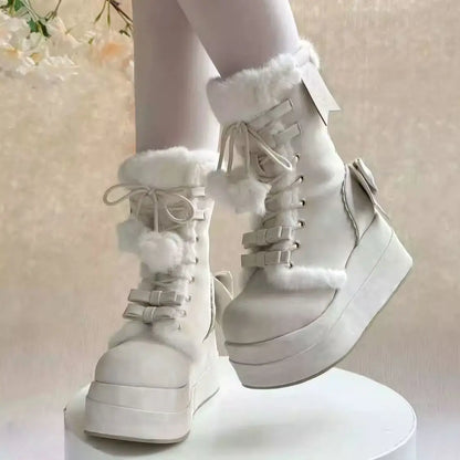 Lifestyle shot of Bonbon Doll Heart Platform Boots paired with cutecore/soft girl pastel outfit, kawaii/DDLG/ABDL aesthetic