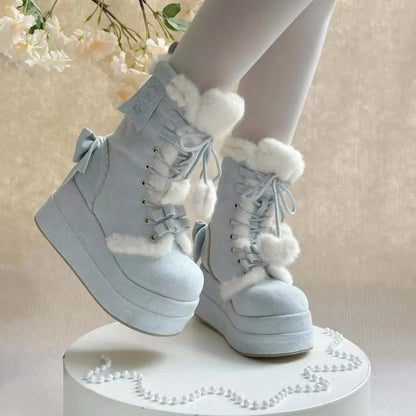 Playful Bonbon Doll Heart Platform Boots with heart pom-poms and ribbons, soft girl, dollcore, ABDL/DDLG vibes