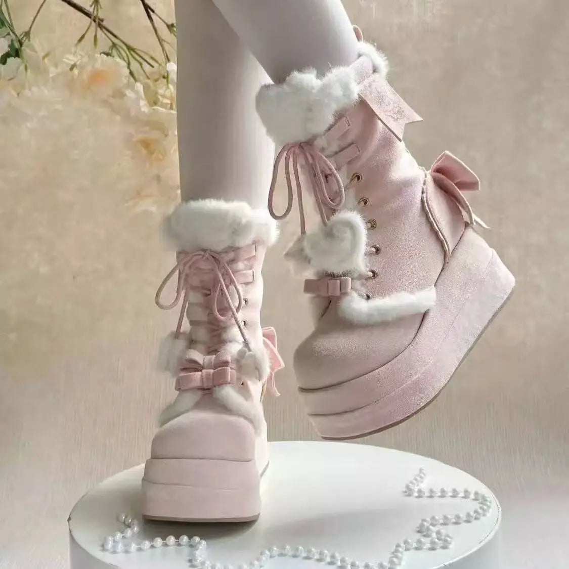 Ribbon details on Bonbon Doll Heart Platform Boots, coquette/dollcore soft girl aesthetic