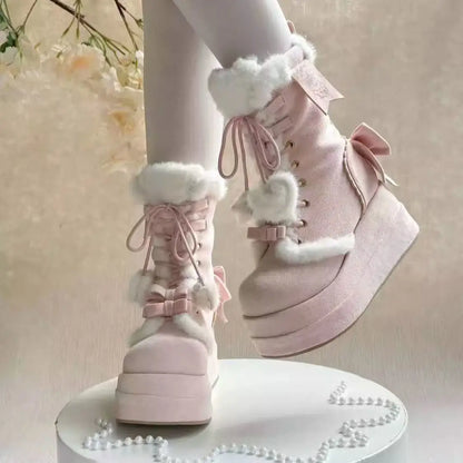 Ribbon details on Bonbon Doll Heart Platform Boots, coquette/dollcore soft girl aesthetic