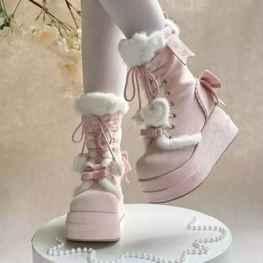 Ribbon details on Bonbon Doll Heart Platform Boots, coquette/dollcore soft girl aesthetic