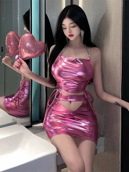 Close-up of pink chrome metallic fabric, shiny, sexy, flirty, kawaii vibes