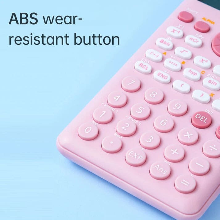 Boss Babe pink calculator with multi-functional scientific features, large numeric keys, and dual-line LCD display.
