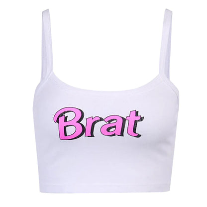 Edgy pink and white brat crop top with soft, stretchy feel, ideal for bold, confident outfits