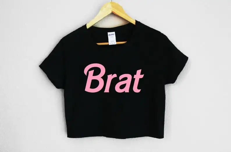 Brat Energy Crop Top in black featuring cheeky bratty design, comfy fit, ideal for ddlg, abdl, and bold baddie looks