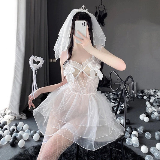 Bride of the Night babydoll set with veil, thong, and stockings for kawaii bridal cosplay