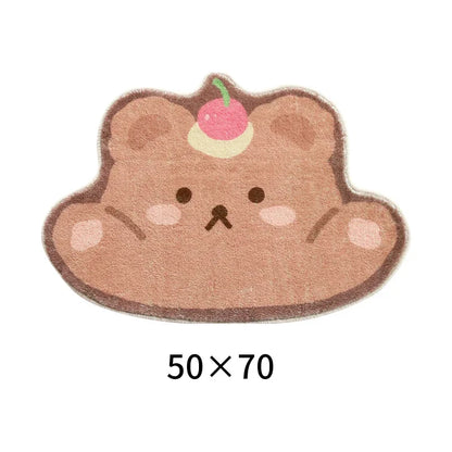 Brown teddy bear with cherry on head, kawaii pastel rug design for cute room vibes