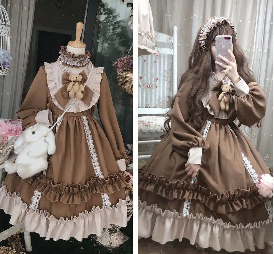 brown teddy lolita dress with classic sweetheart design, ruffles lace, and plush teddy detail