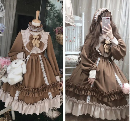brown teddy lolita dress with classic sweetheart design, ruffles lace, and plush teddy detail