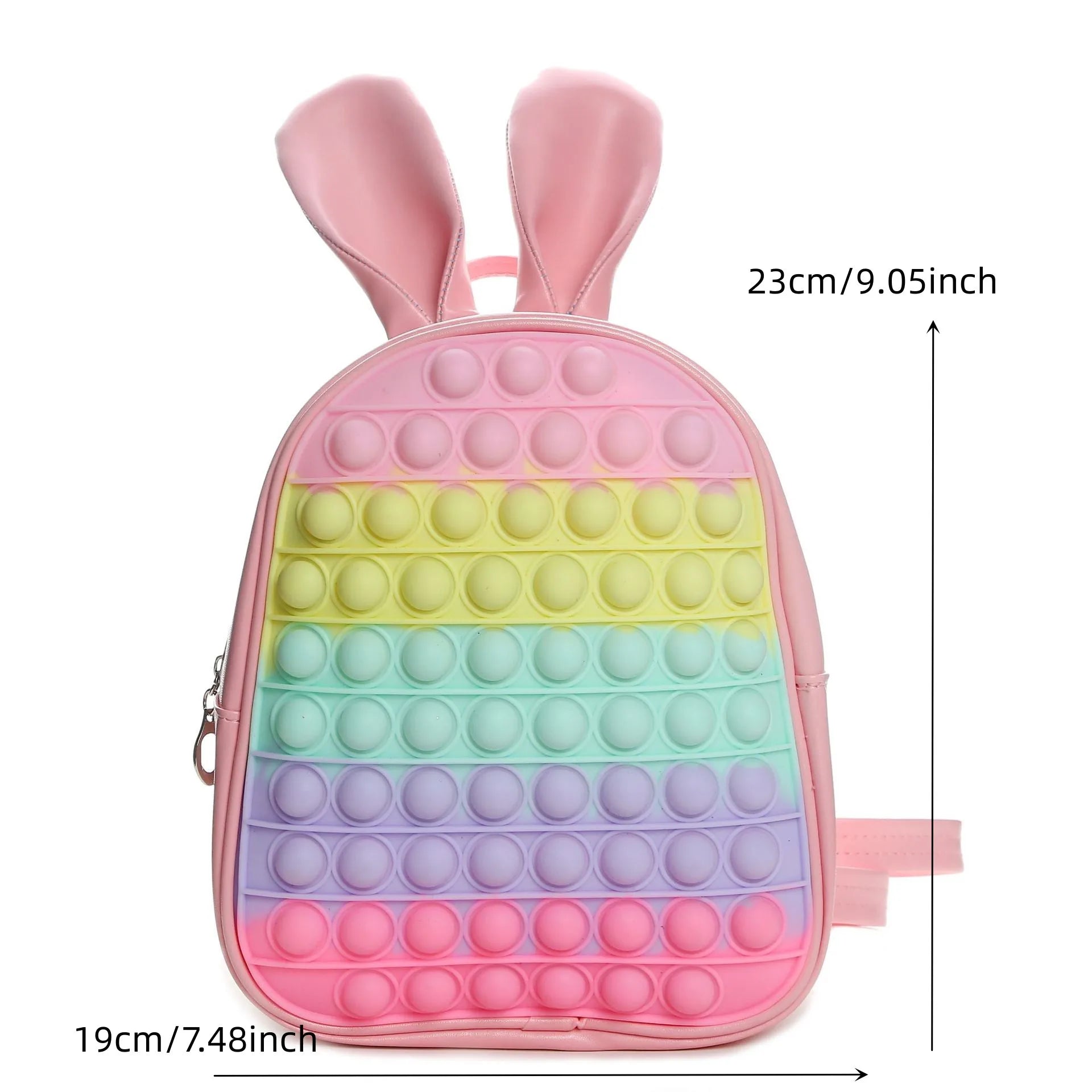 Bubble Pop Bunny Backpack pink with measurement chart, pastel DDLG kawaii fidget accessory