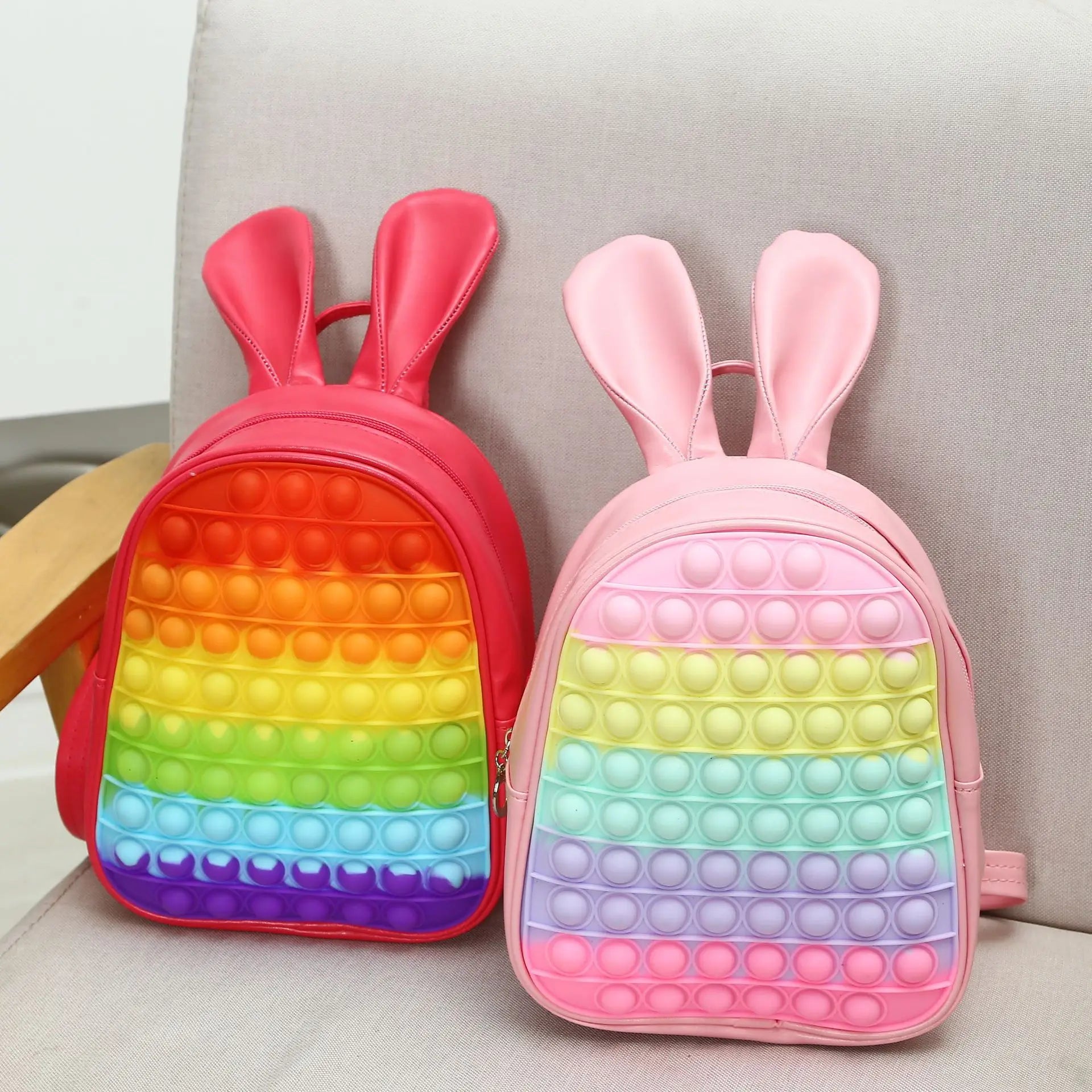 Bubble Pop Bunny Backpack in vibrant red and soft pink, kawaii girly DDLG pop bag