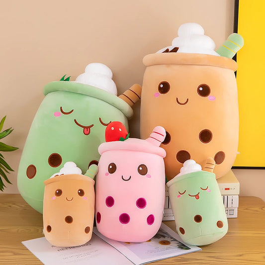 Bubble Tea Cuddle Plushie 5-set in caramel, strawberry, and matcha, soft cuddly kawaii plush toy