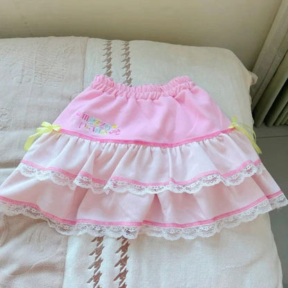 Bubblegum Bliss Skirt with lace detail and bows, made for kawaii outfits and sweet aesthetic looks