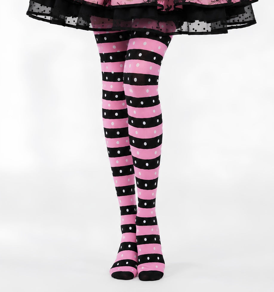 Bubblegum brat kawaii goth stockings with pink black stripes and white polka dots, front view