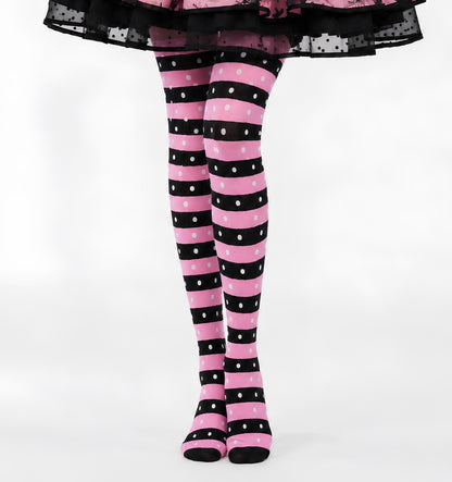 Bubblegum brat kawaii goth stockings with pink black stripes and white polka dots, front view
