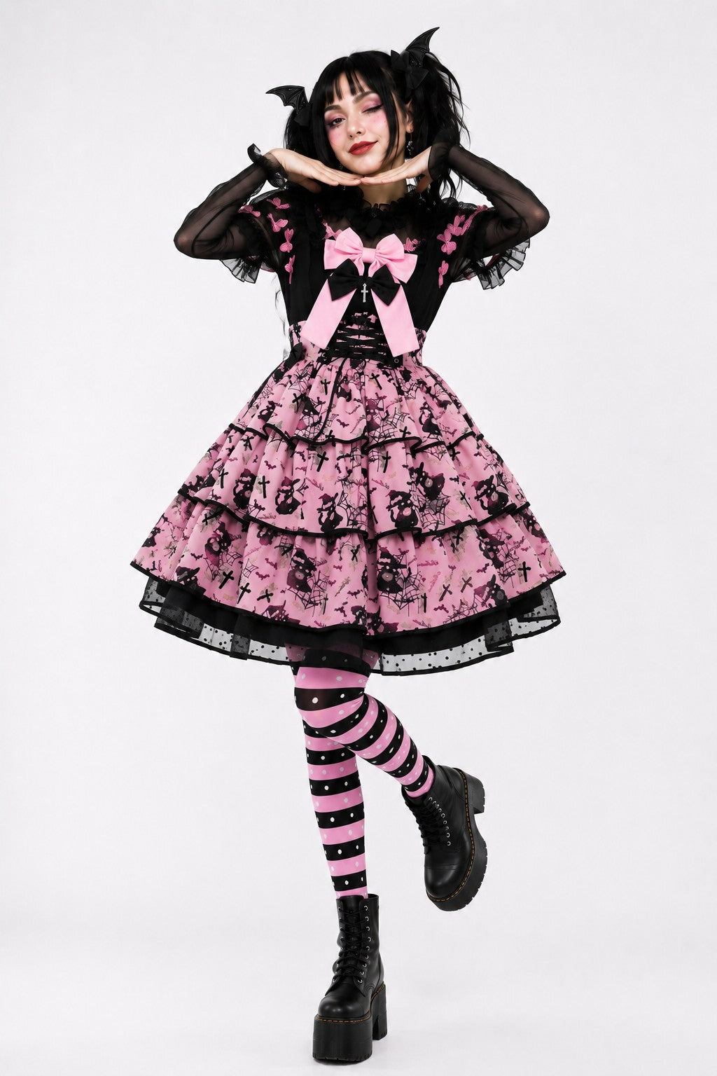 Model wearing bubblegum brat stockings styled with boots for e girl Harajuku look