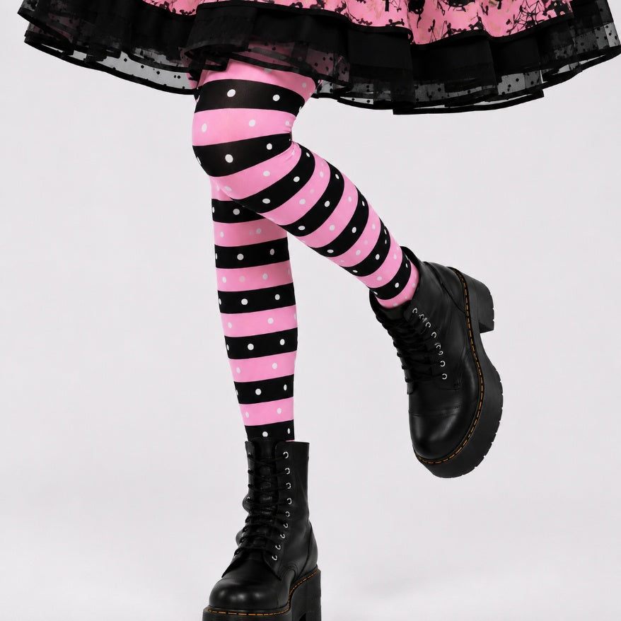 Full outfit editorial shot featuring bubblegum brat stockings styled with a lolita dress