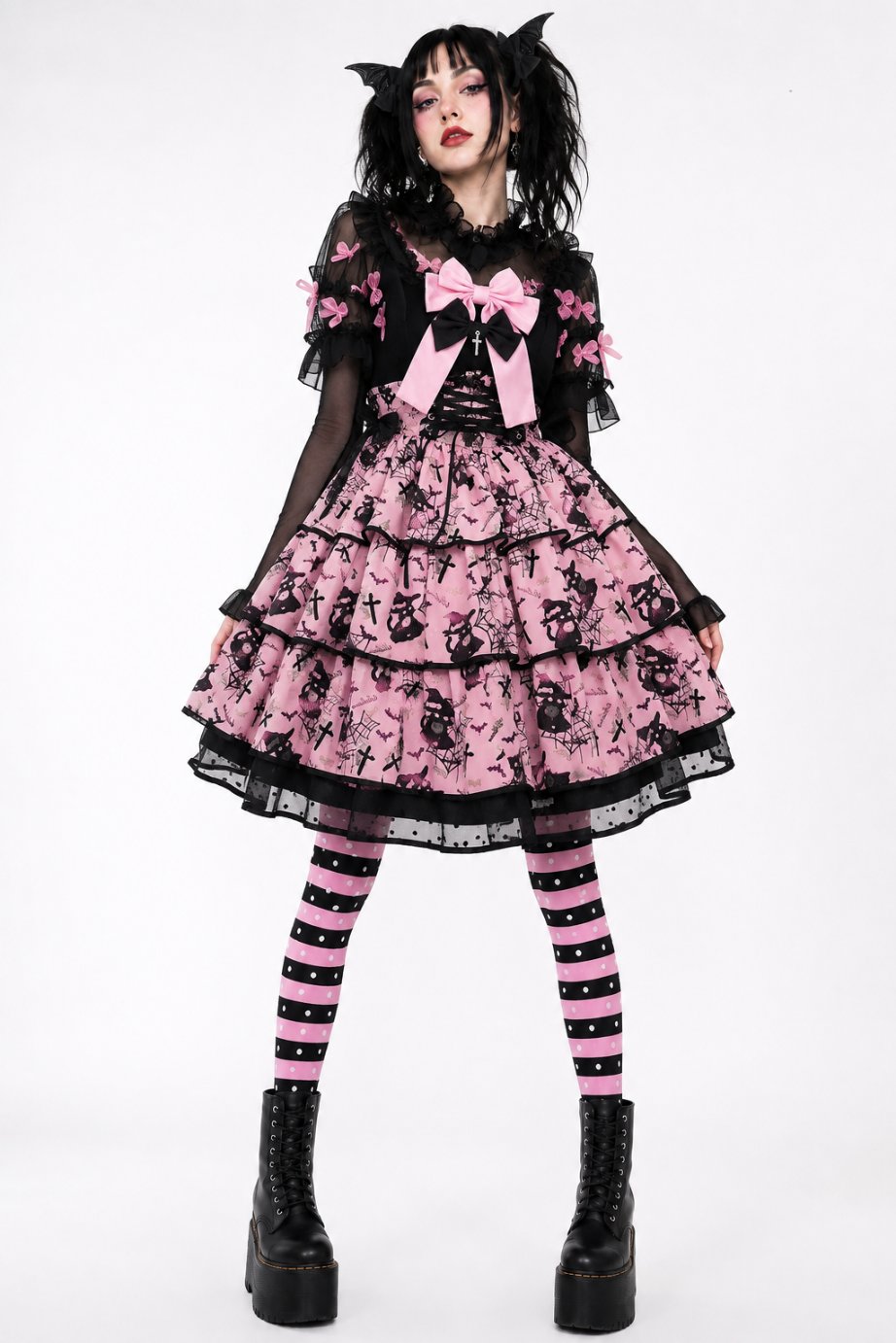 Model pairing striped stockings with a pink and black outfit for alt Halloween punk styling