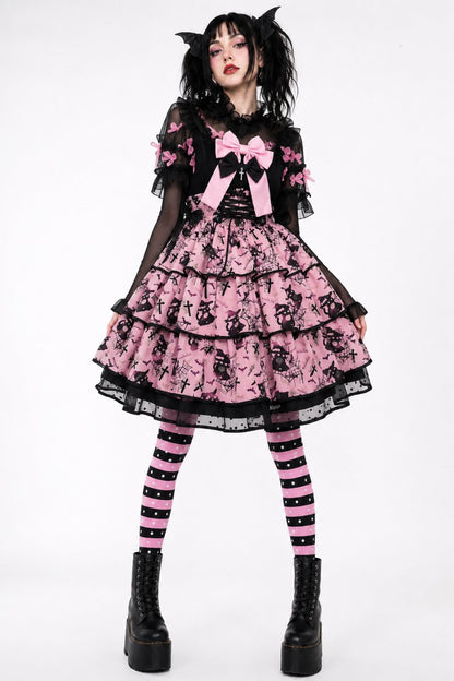 Model pairing striped stockings with a pink and black outfit for alt Halloween punk styling