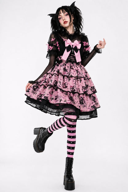 Model styling bubblegum brat stockings with a pink and black lolita dress for kawaii goth outfit