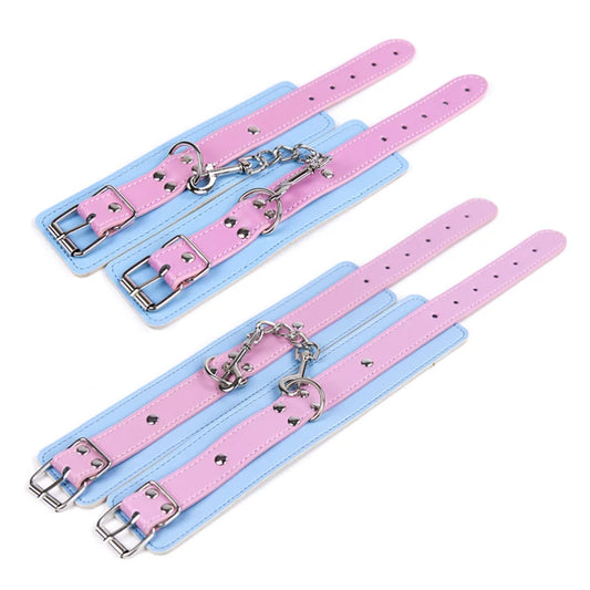 Bubblegum Candy Cuffs Set in pink and blue vegan leather, perfect for DDLG roleplay and cute kinky fun