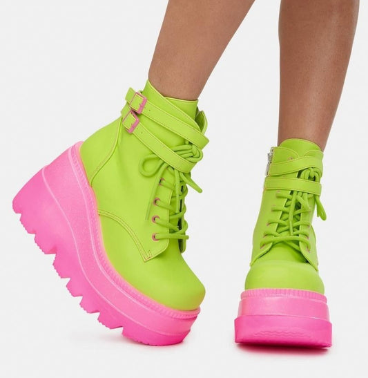 Bubblegum Jungle Platform Boots with chunky heels and bold green pink design for kawaii baddie fashion